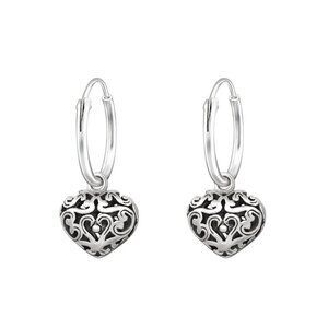 Sterling Silver Filigree Hoop Heart Earrings